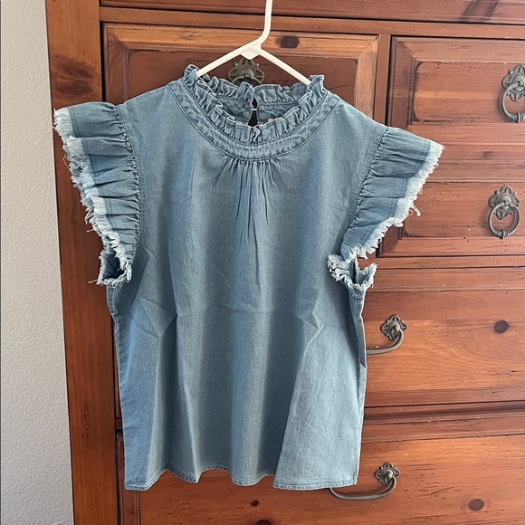 BiBi Light Blue Ruffle Sleeve Blouse NWT - Picture 1 of 10